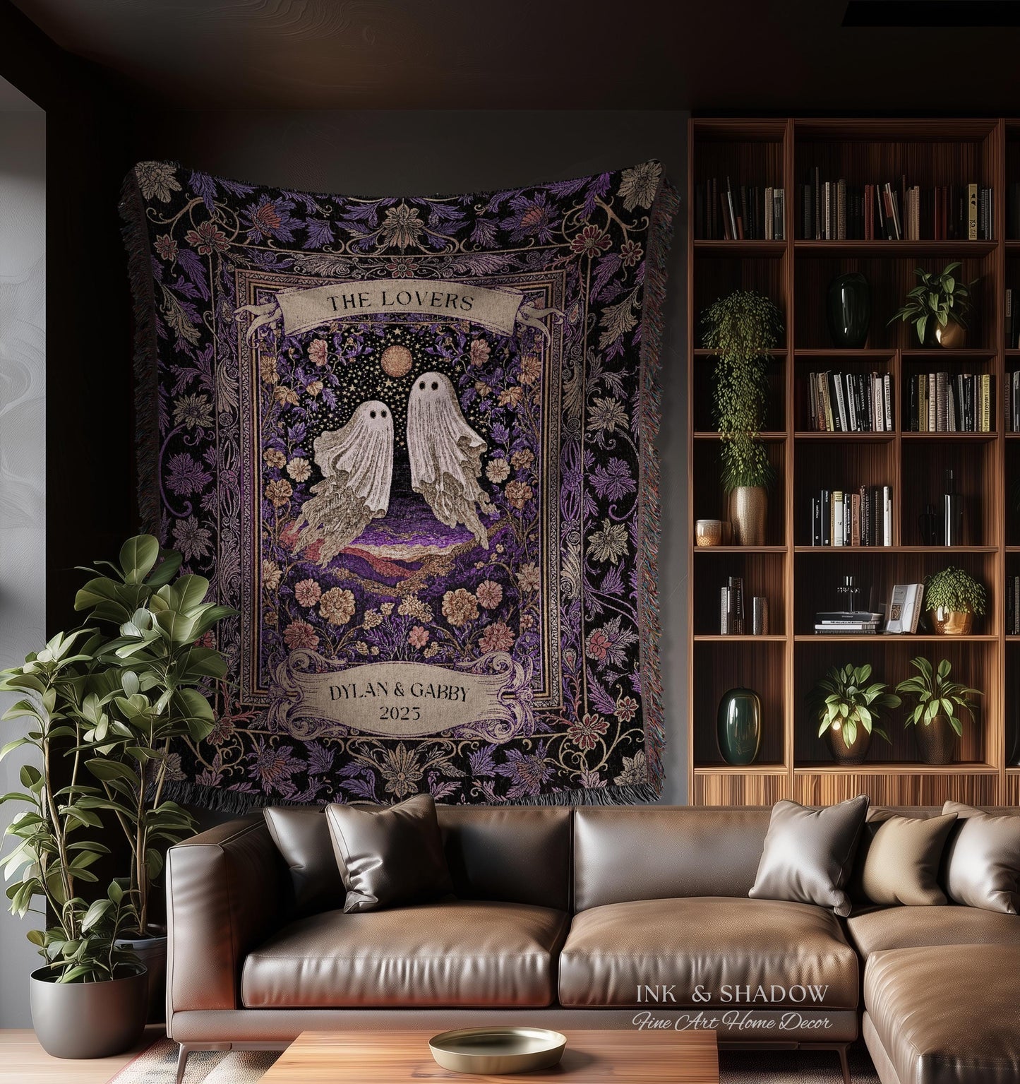 Tarot Ghost Couple Woven Wall Tapestry | The Lovers Custom Names And Year Purple Floral Gothic Cotton Wedding Anniversary Gift Throw Blanket