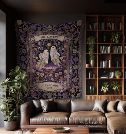 Tarot Ghost Couple Woven Wall Tapestry | The Lovers Custom Names And Year Purple Floral Gothic Cotton Wedding Anniversary Gift Throw Blanket