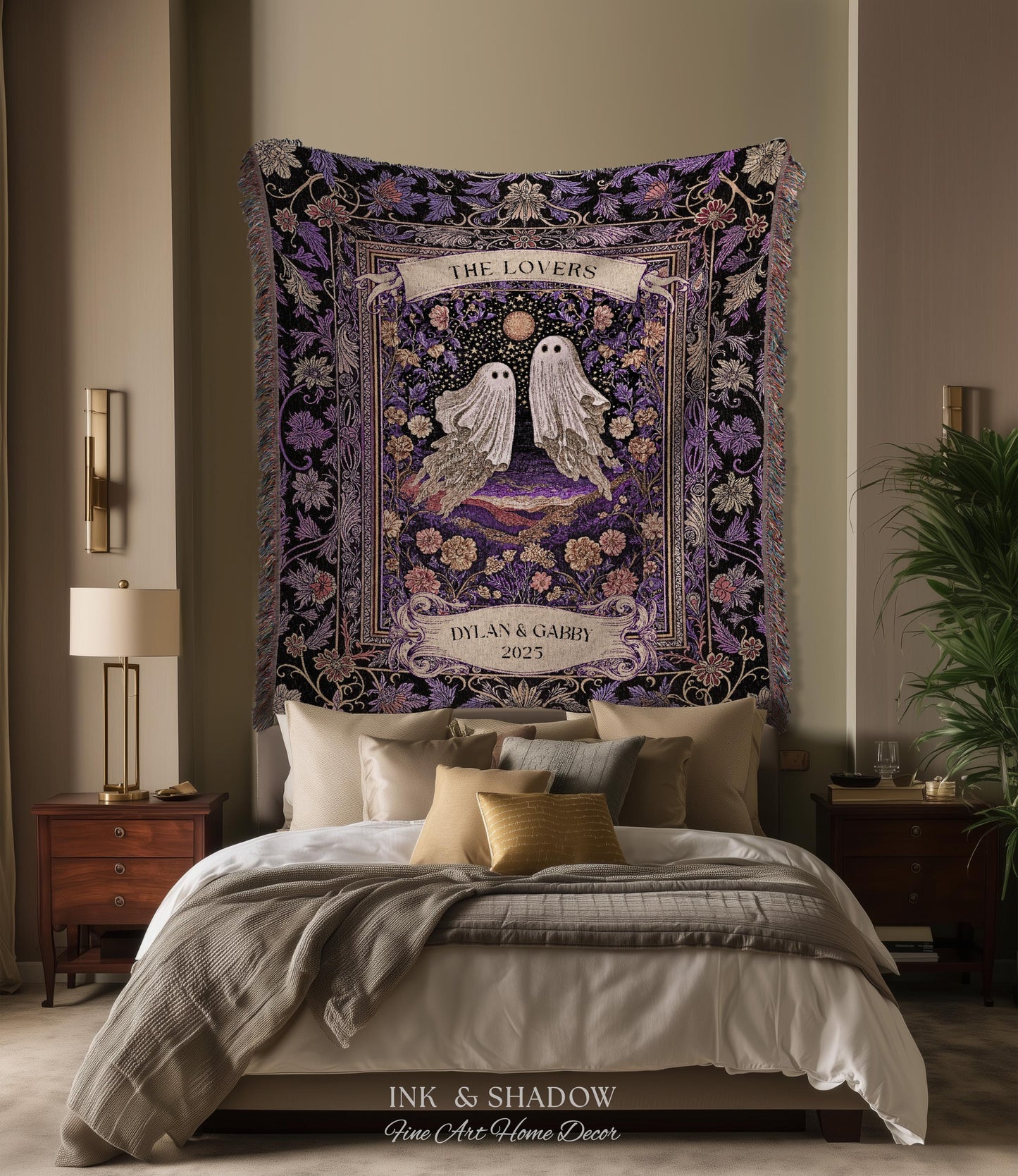Tarot Ghost Couple Woven Wall Tapestry | The Lovers Custom Names And Year Purple Floral Gothic Cotton Wedding Anniversary Gift Throw Blanket