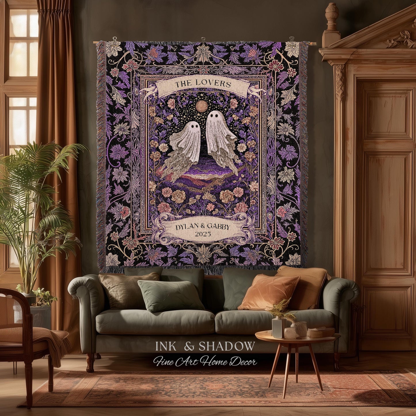 Tarot Ghost Couple Woven Wall Tapestry | The Lovers Custom Names And Year Purple Floral Gothic Cotton Wedding Anniversary Gift Throw Blanket