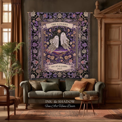 Tarot Ghost Couple Woven Wall Tapestry | The Lovers Custom Names And Year Purple Floral Gothic Cotton Wedding Anniversary Gift Throw Blanket