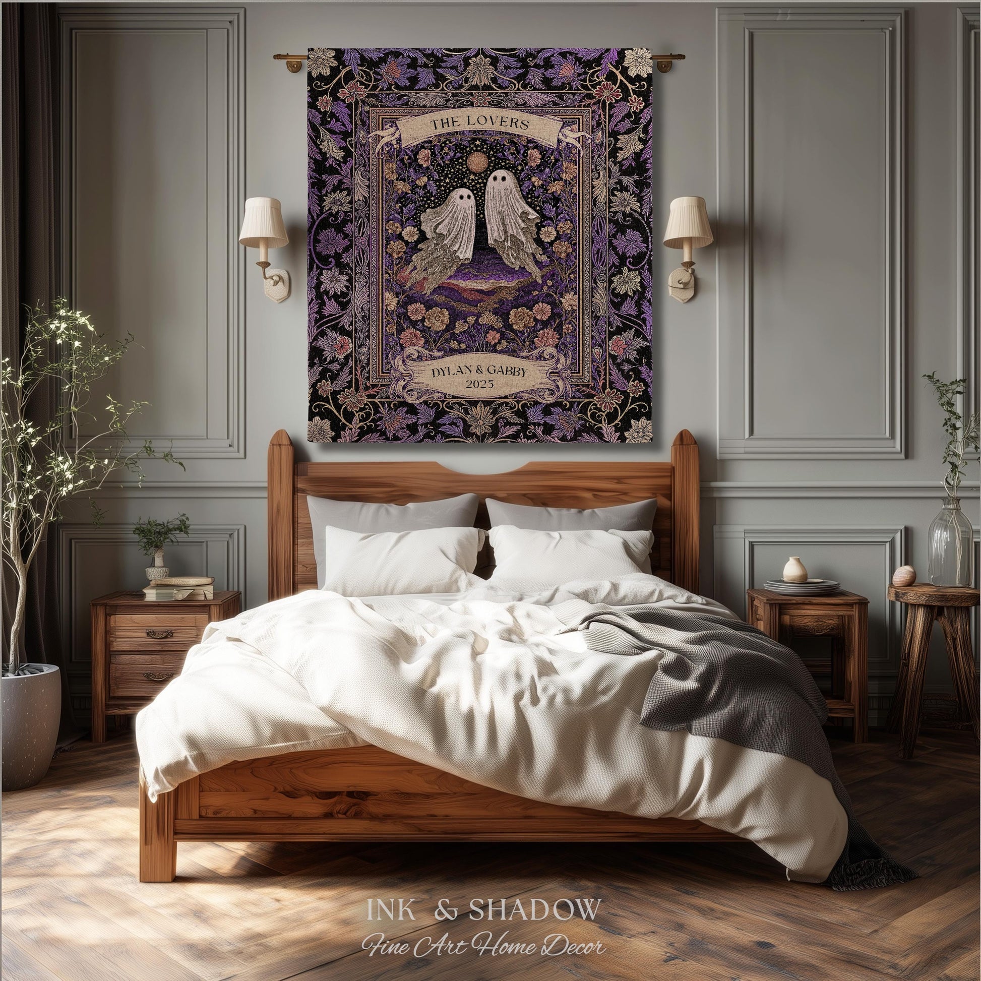 Tarot Ghost Couple Woven Wall Tapestry | The Lovers Custom Names And Year Purple Floral Gothic Cotton Wedding Anniversary Gift Throw Blanket
