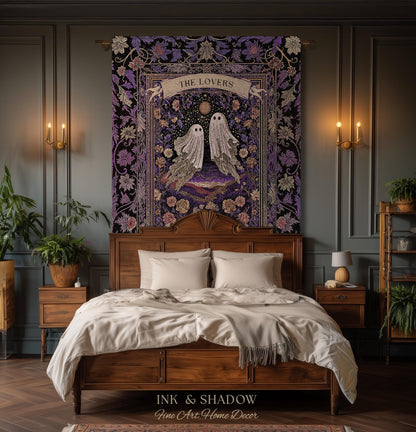 Tarot Ghost Couple Woven Wall Tapestry | The Lovers Custom Names And Year Purple Floral Gothic Cotton Wedding Anniversary Gift Throw Blanket