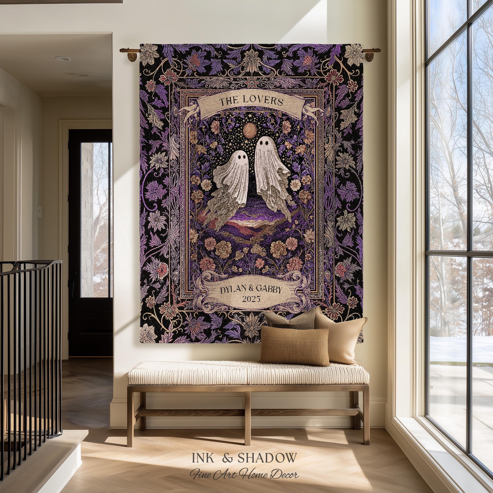 Tarot Ghost Couple Woven Wall Tapestry | The Lovers Custom Names And Year Purple Floral Gothic Cotton Wedding Anniversary Gift Throw Blanket