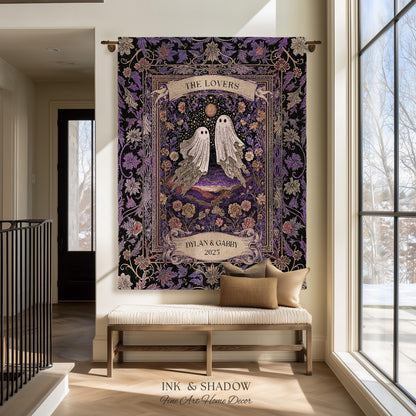 Tarot Ghost Couple Woven Wall Tapestry | The Lovers Custom Names And Year Purple Floral Gothic Cotton Wedding Anniversary Gift Throw Blanket