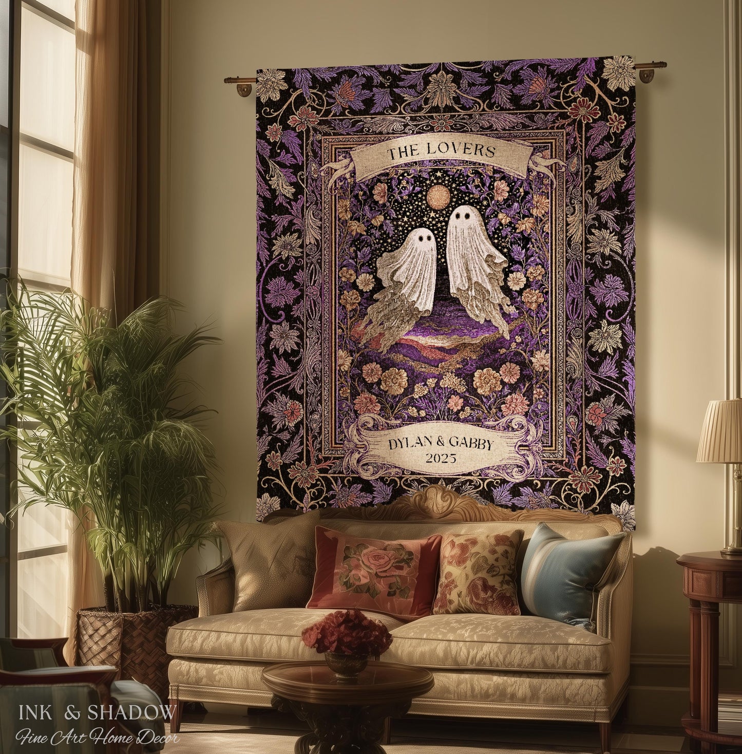 Tarot Ghost Couple Woven Wall Tapestry | The Lovers Custom Names And Year Purple Floral Gothic Cotton Wedding Anniversary Gift Throw Blanket