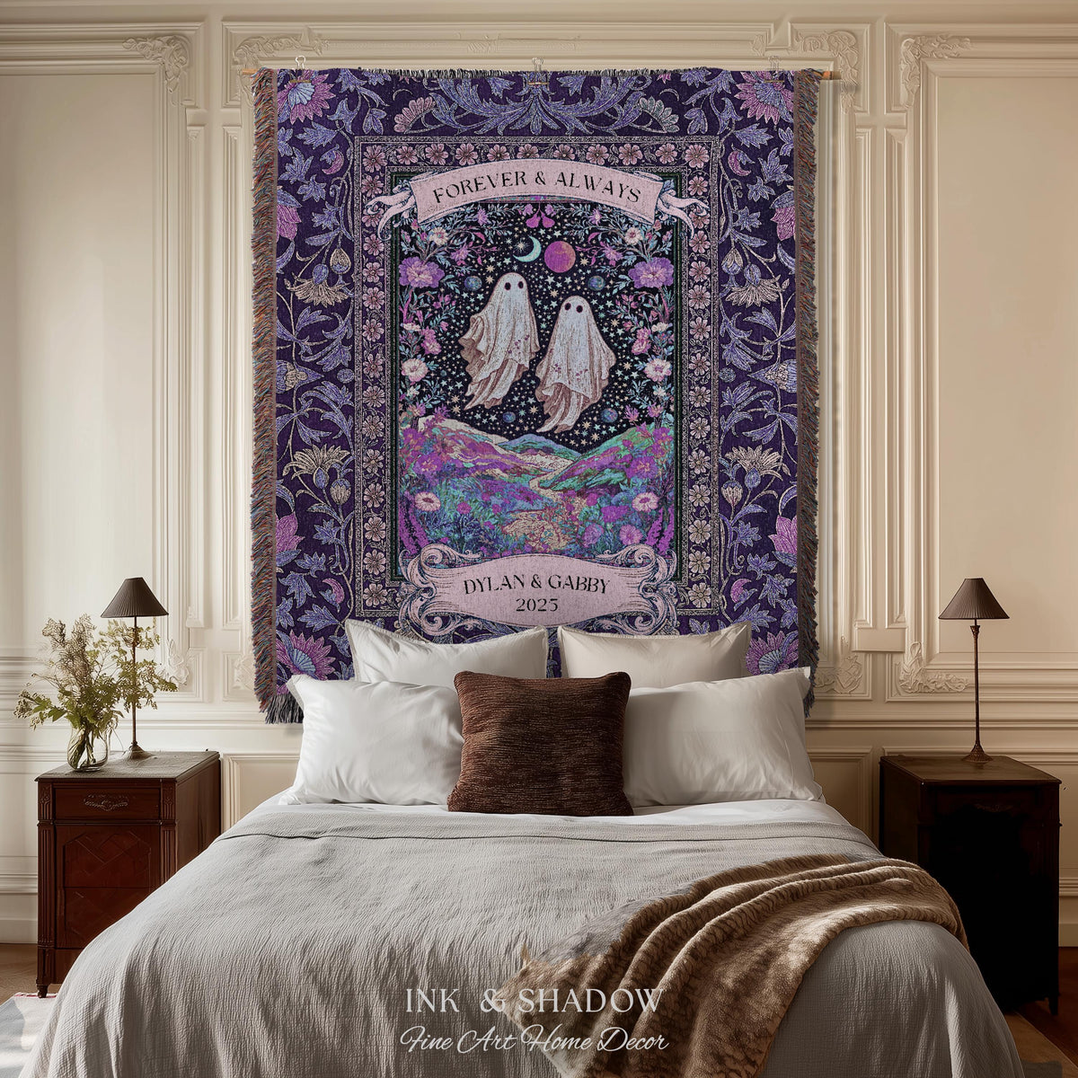 Lunar Garden Ghost Couple Tapestry | Forever And Always Custom Names And Year Gothic Floral Dating Anniversary Gift Celestial Throw Blanket