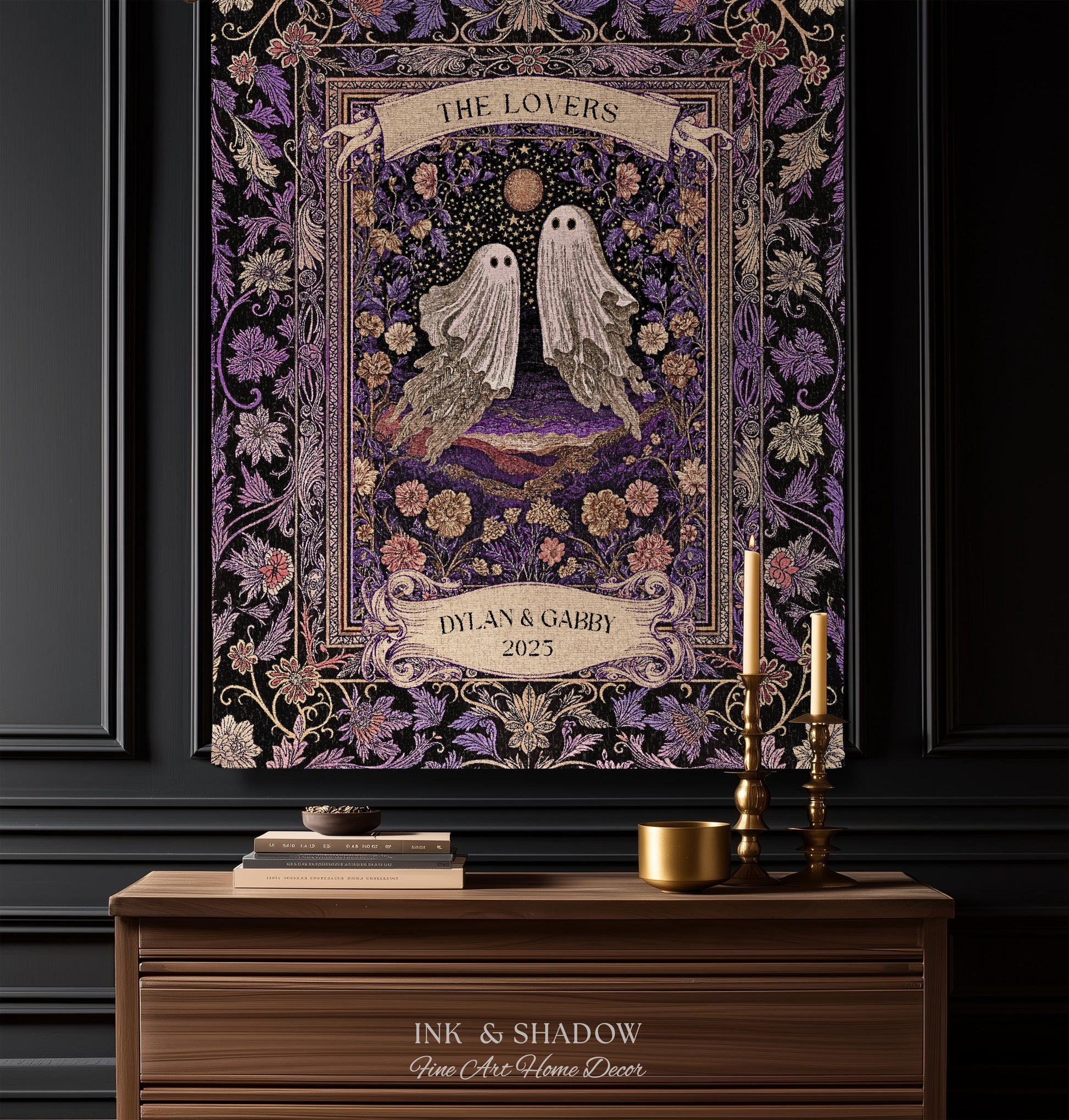 Tarot Ghost Couple Woven Wall Tapestry | The Lovers Custom Names And Year Purple Floral Gothic Cotton Wedding Anniversary Gift Throw Blanket