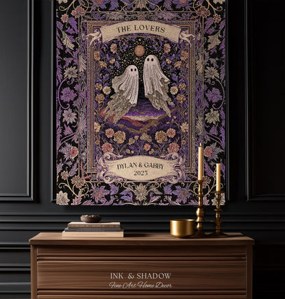 Tarot Ghost Couple Woven Wall Tapestry | The Lovers Custom Names And Year Purple Floral Gothic Cotton Wedding Anniversary Gift Throw Blanket