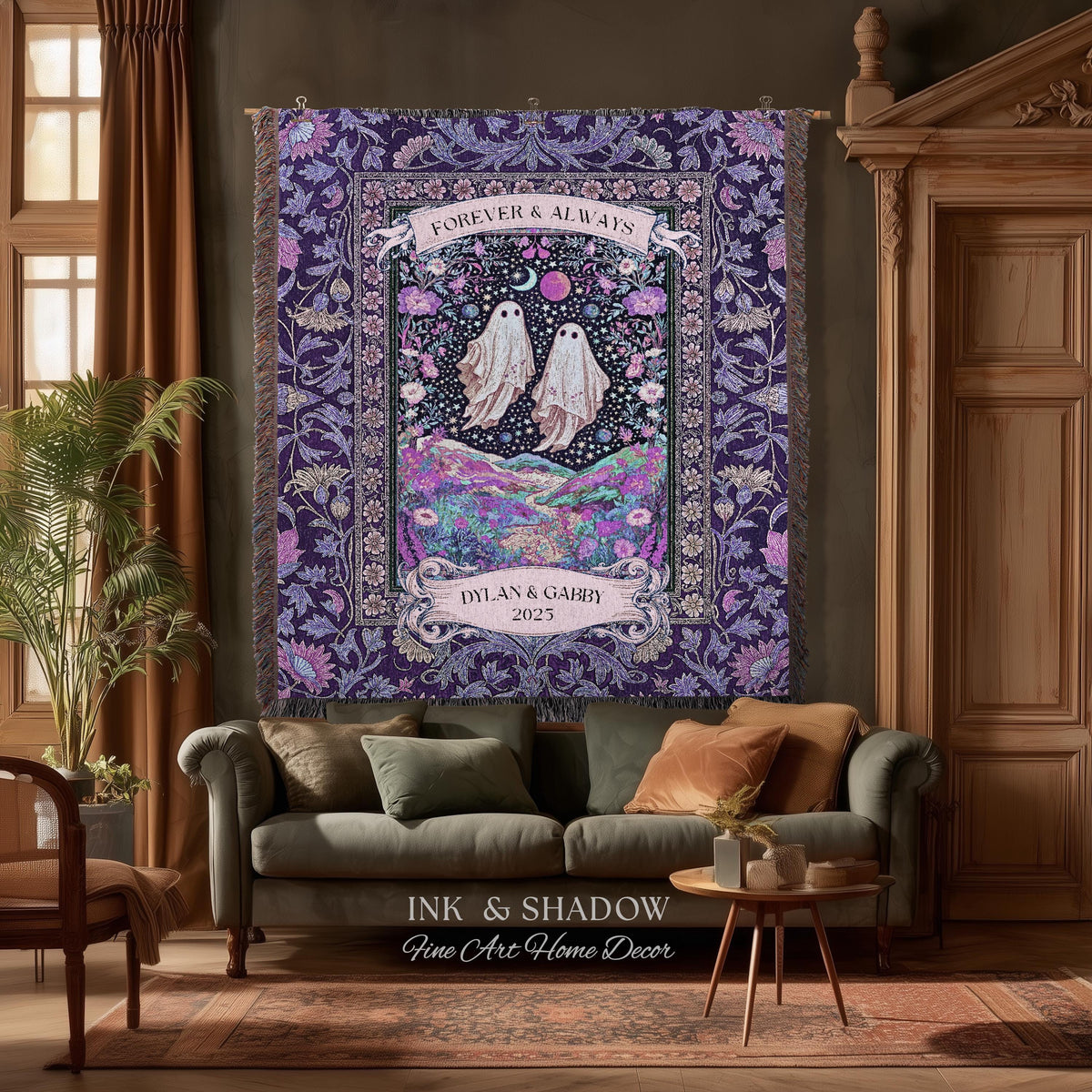 Lunar Garden Ghost Couple Tapestry | Forever And Always Custom Names And Year Gothic Floral Dating Anniversary Gift Celestial Throw Blanket
