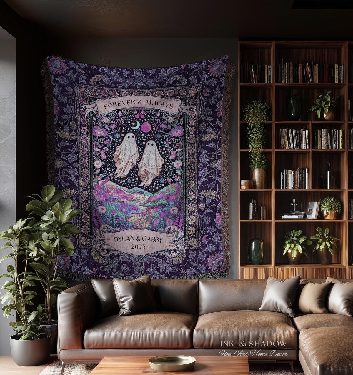 Lunar Garden Ghost Couple Tapestry | Forever And Always Custom Names And Year Gothic Floral Dating Anniversary Gift Celestial Throw Blanket