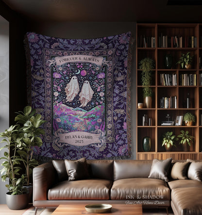 Lunar Garden Ghost Couple Tapestry | Forever And Always Custom Names And Year Gothic Floral Dating Anniversary Gift Celestial Throw Blanket