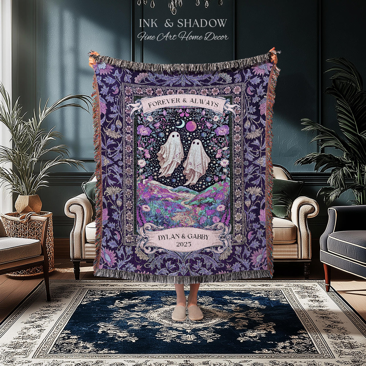 Lunar Garden Ghost Couple Tapestry | Forever And Always Custom Names And Year Gothic Floral Dating Anniversary Gift Celestial Throw Blanket