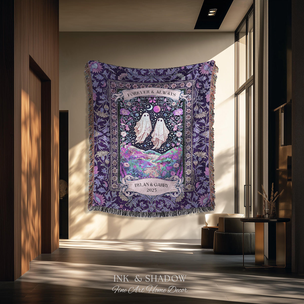Lunar Garden Ghost Couple Tapestry | Forever And Always Custom Names And Year Gothic Floral Dating Anniversary Gift Celestial Throw Blanket