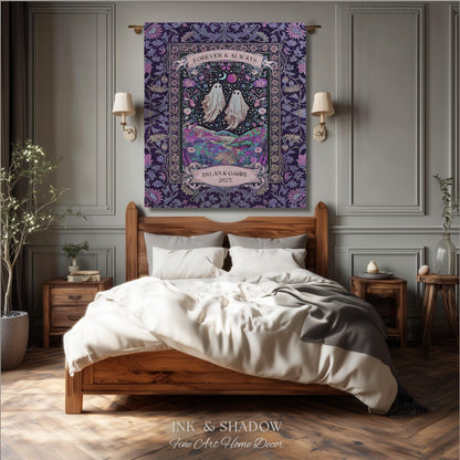 Lunar Garden Ghost Couple Tapestry | Forever And Always Custom Names And Year Gothic Floral Dating Anniversary Gift Celestial Throw Blanket