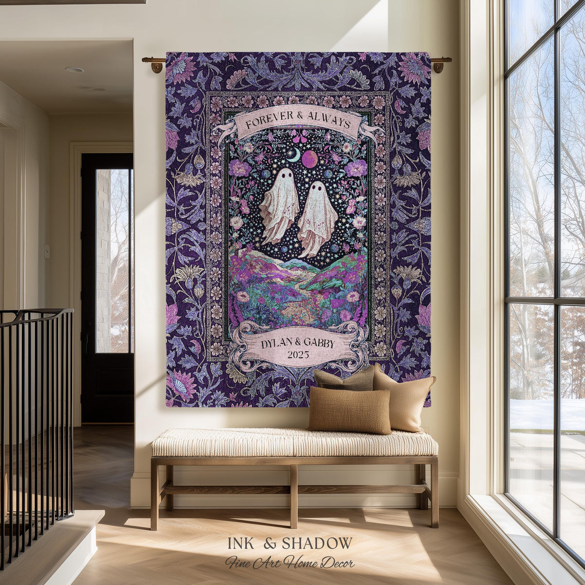 Lunar Garden Ghost Couple Tapestry | Forever And Always Custom Names And Year Gothic Floral Dating Anniversary Gift Celestial Throw Blanket