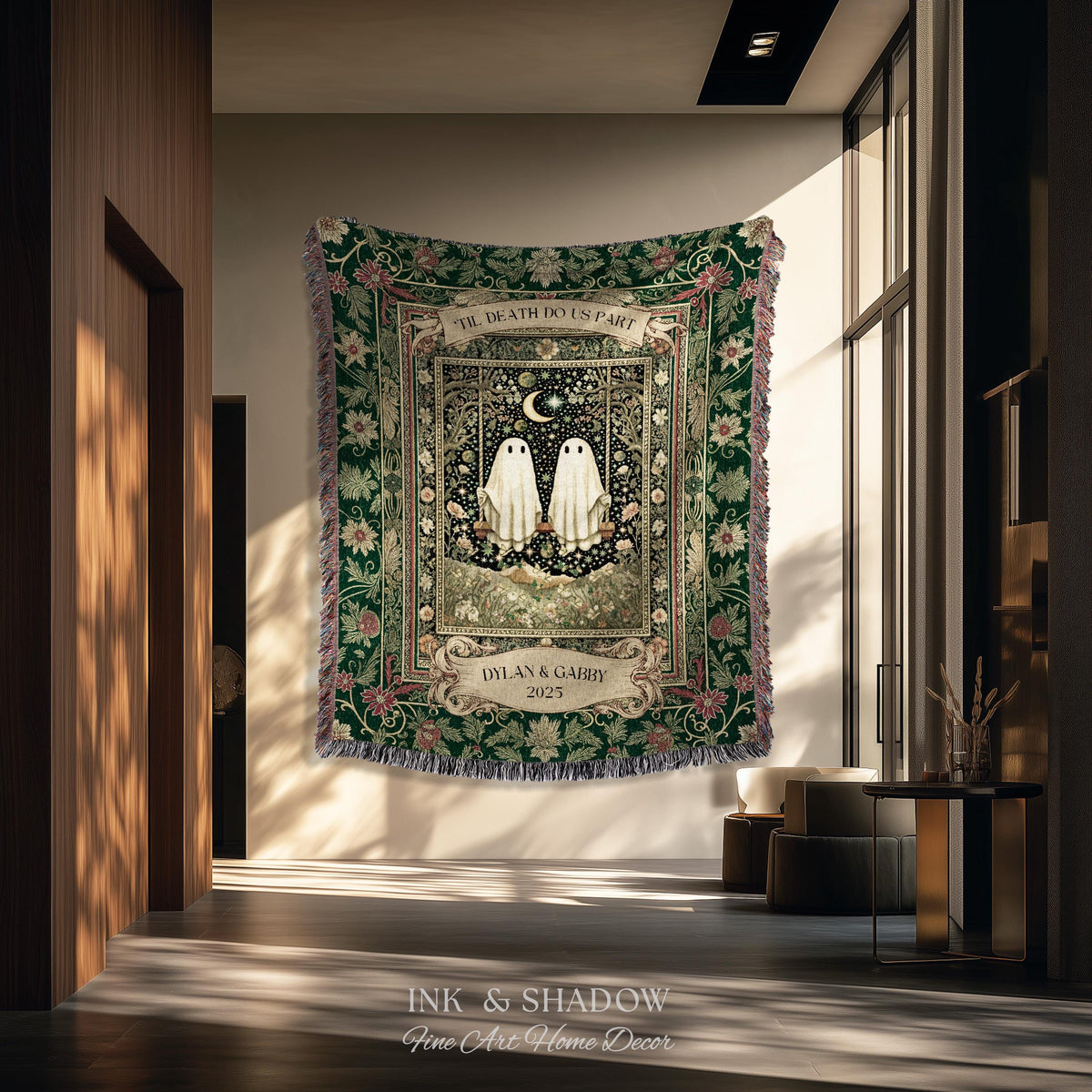 Ghosts on a Swing Couple Custom Throw Blanket | Til Death Do Us Part Custom Names Cotton Anniversary Gift Gothic Tapestry Haunted Keepsake