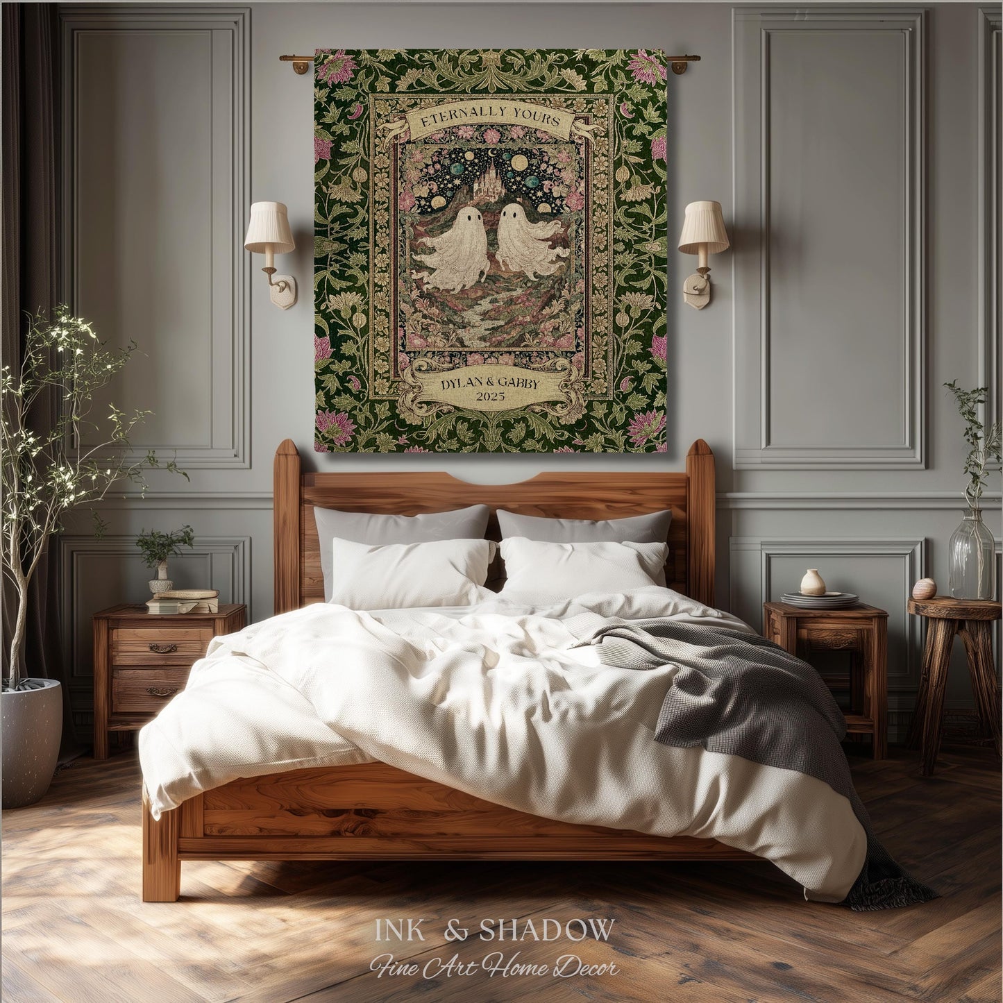 Whimsical Ghost Soulmates Custom Couple Tapestry Woven Wall Art Wedding Gift | Romantic Castlecore Eternally Yours Personalized Anniversary