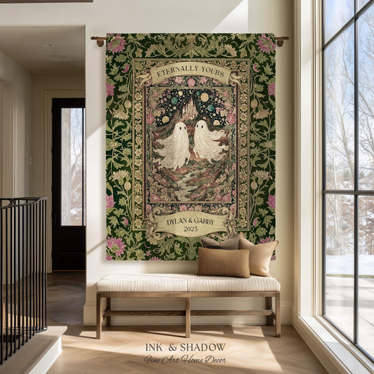 Whimsical Ghost Soulmates Custom Couple Tapestry Woven Wall Art Wedding Gift | Romantic Castlecore Eternally Yours Personalized Anniversary