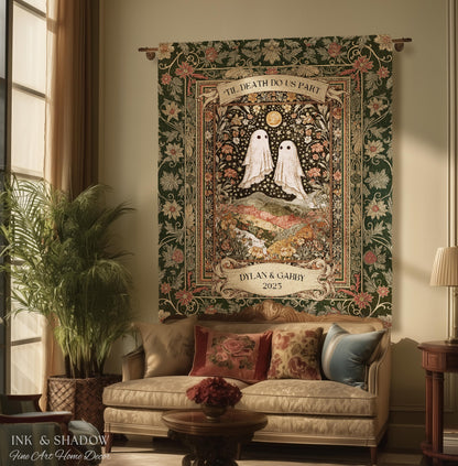 Til Death Do Us Part Ghost Couple Woven Tapestry Wall Art Personalized Wedding Gift | Celestial Whimsy Wildflower Magic Anniversary Keepsake