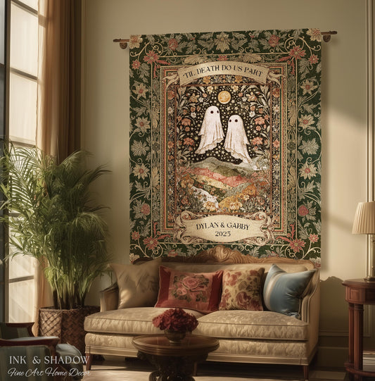 Til Death Do Us Part Ghost Couple Woven Tapestry Wall Art Personalized Wedding Gift | Celestial Whimsy Wildflower Magic Anniversary Keepsake