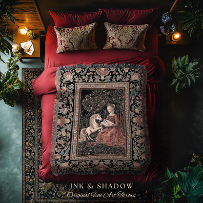 Victorian Storybook Floral Woven Blanket | Mystical Renaissance Fairytale Wall Tapestry Dark Cottagecore Ethereal Bedroom Royalcore Decor |
