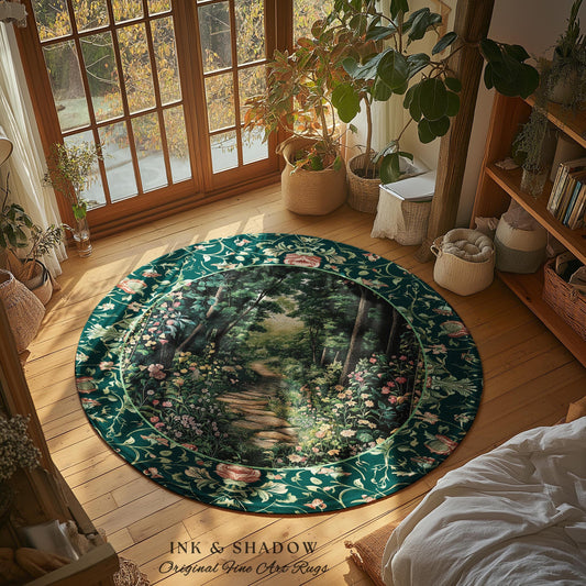 May include: A round rug with a forest scene in the center, surrounded by a dark green floral border. The rug features a pathway through a lush forest with trees and flowers. The text "INK & SHADOW Original Fine Art Rugs" is at the bottom.