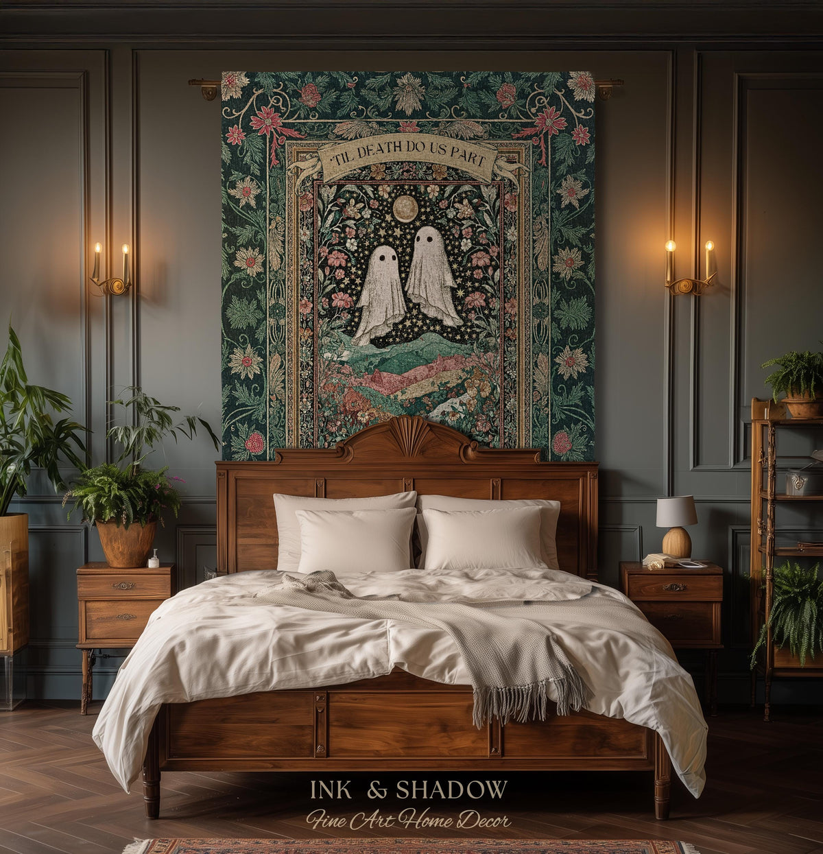 Personalized Ghost Wedding Tapestry | Gothic Halloween Tapestry Til Death Do Us Part Anniversary Gift Floral Woven Throw Witchy Whimsical
