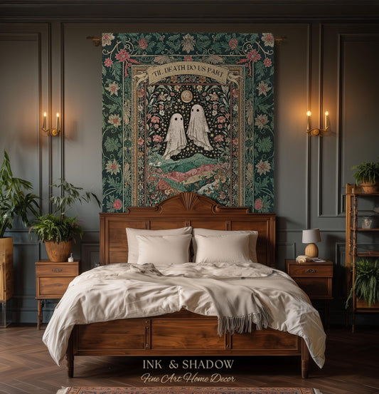 Personalized Ghost Wedding Tapestry | Gothic Halloween Tapestry Til Death Do Us Part Anniversary Gift Floral Woven Throw Witchy Whimsical