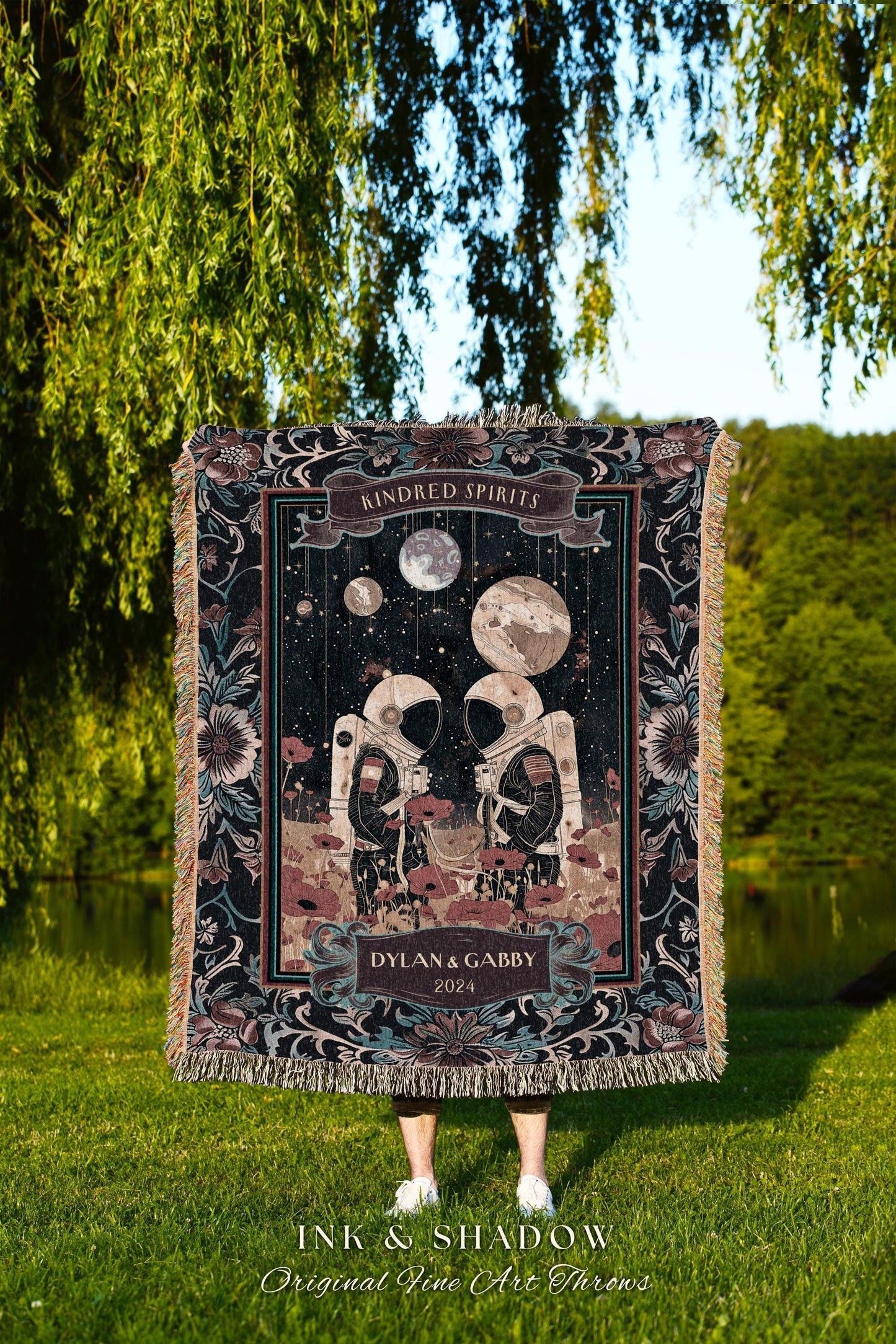 Lunar Lovers Personalized Throw | Celestial Couple Design His and Hers Cosmic Wedding Anniversary Blanket To The Moon & Back Woven Tapestry
