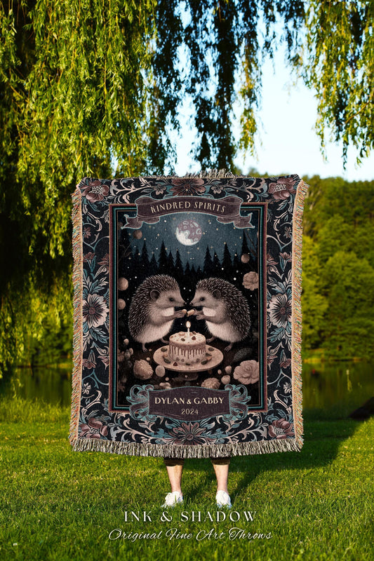 Dark Cottagecore Hedgehog Custom Woven Throw Woodland Gothic Wedding Tapestry Blanket Celestial Anniversary Personalized Art Couples Gift