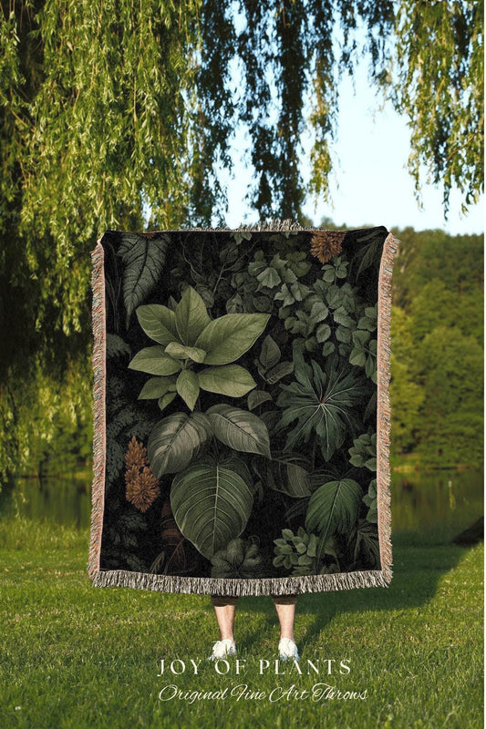 Moody Botanicals Vintage Tapestry | Woven Cotton Throw Blanket Dark Cottagecore Decor Blanket Forest Tapestry Goblincore Bedroom Plant Lover