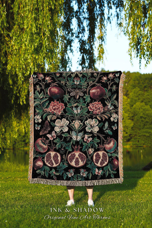 Ethereal Pomegranate Blanket Enchanted Tapestry Botanical Throw | Baroque Inspired Dark Academia Butterfly Moth Gothic Floral Fruit Decor