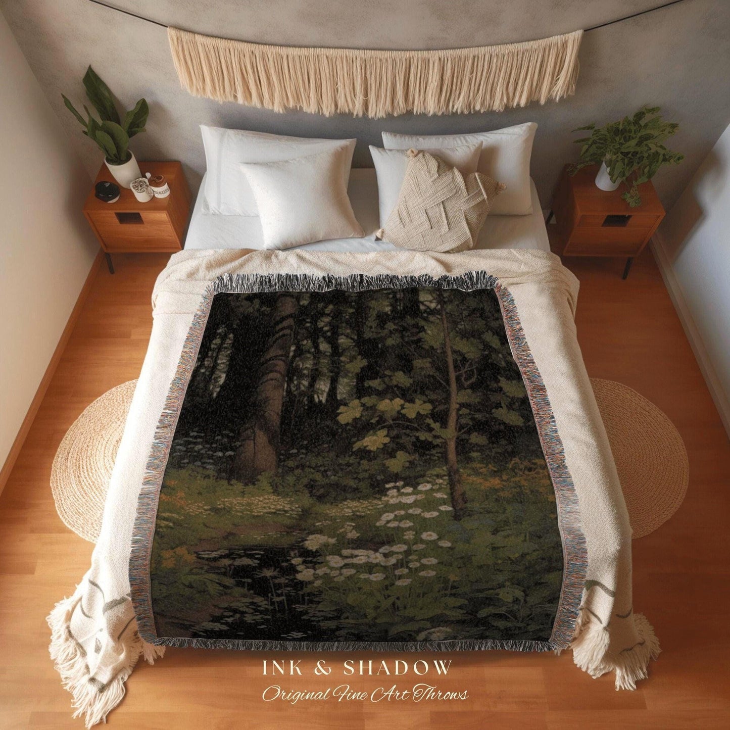 Dark Forest Blanket Woven Cotton Throw Blanket Nature Tapestry | Dark Cottagecore Botanical Blanket Forest Tapestry Goblincore Bedroom Decor