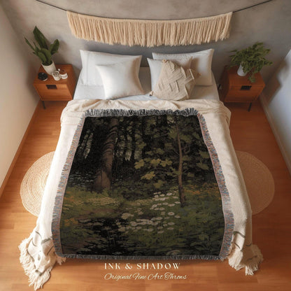 Dark Forest Blanket Woven Cotton Throw Blanket Nature Tapestry | Dark Cottagecore Botanical Blanket Forest Tapestry Goblincore Bedroom Decor