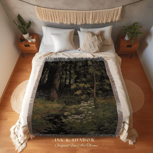 Dark Forest Blanket Woven Cotton Throw Blanket Nature Tapestry | Dark Cottagecore Botanical Blanket Forest Tapestry Goblincore Bedroom Decor