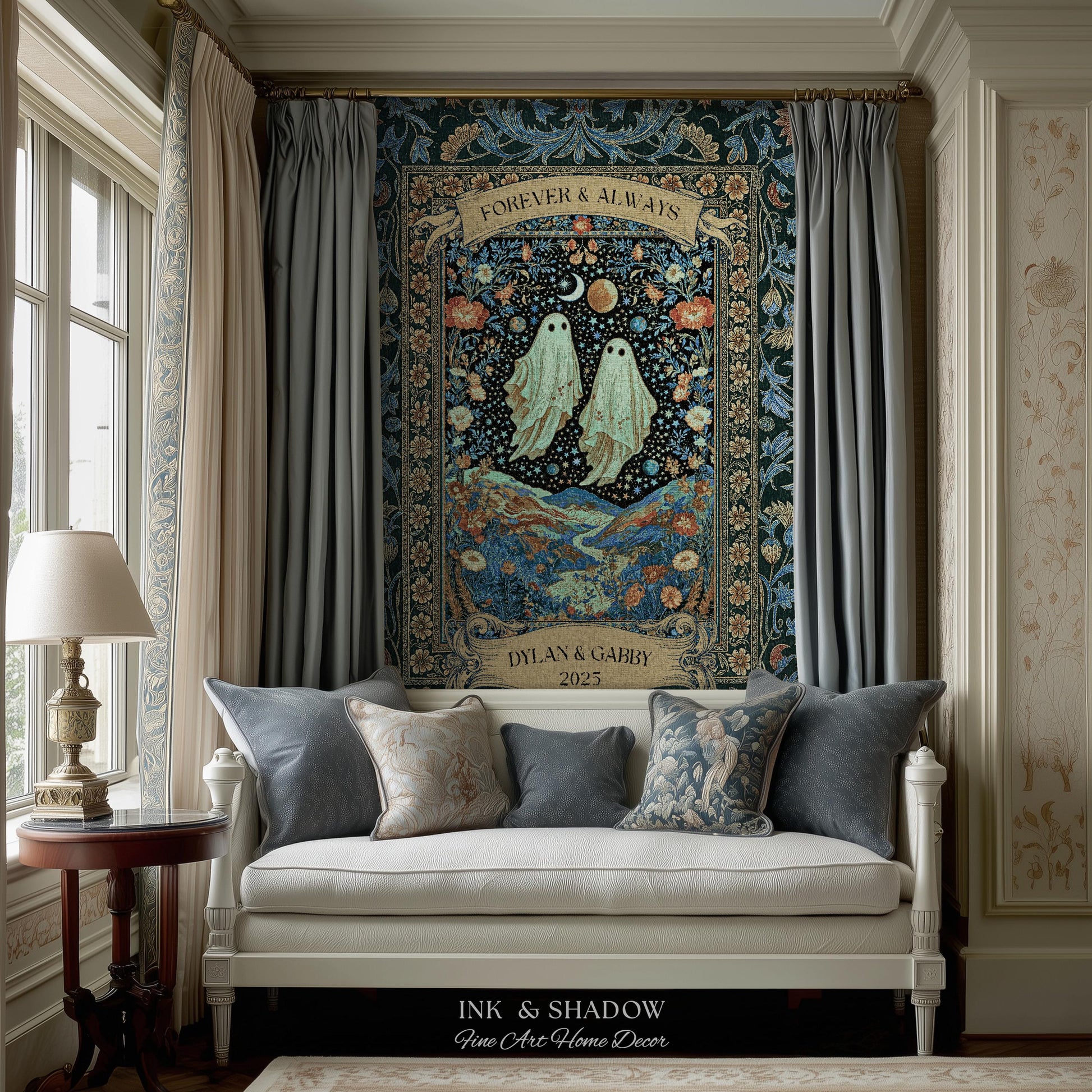 Moonlit Cosmic Ghost Lovers Tapestry | Forever And Always Couple Woven Throw Blanket Custom Names Wedding Keepsake For Goth Anniversary