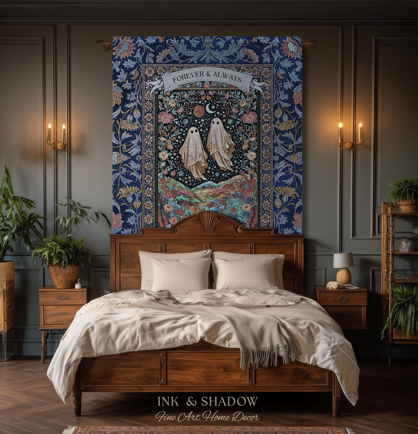 Starry Floral Ghost Couple Woven Tapestry | Celestial Gothic Romance Tapestry Home Decor Custom Names And Year Cotton Anniversary Blanket |