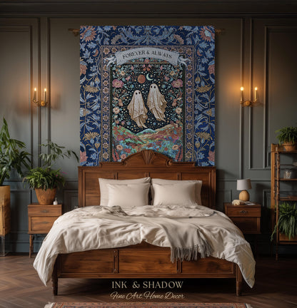 Starry Floral Ghost Couple Woven Tapestry | Celestial Gothic Romance Tapestry Home Decor Custom Names And Year Cotton Anniversary Blanket |