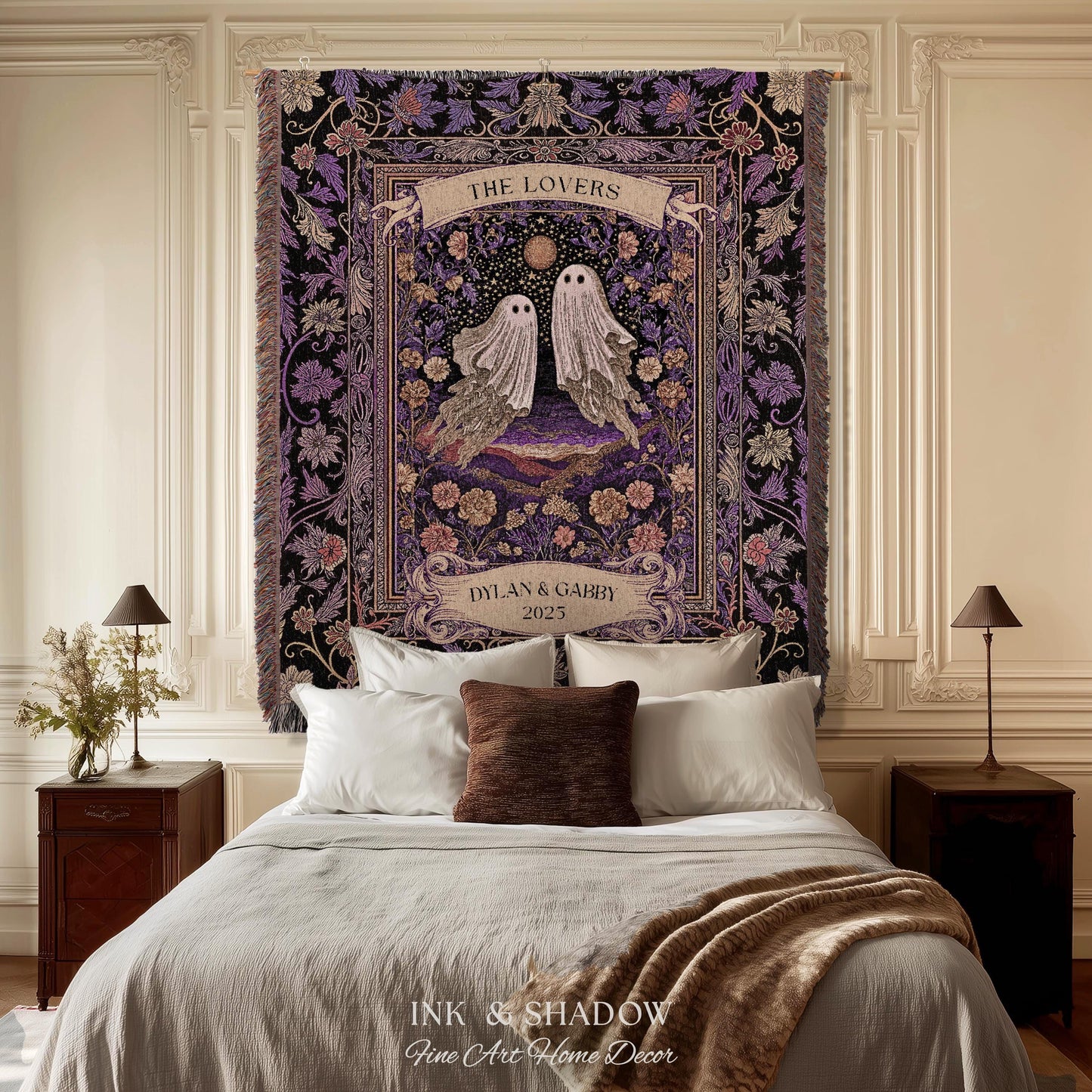 Tarot Ghost Couple Woven Wall Tapestry | The Lovers Custom Names And Year Purple Floral Gothic Cotton Wedding Anniversary Gift Throw Blanket