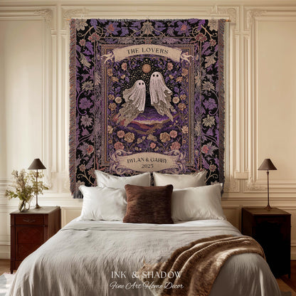 Tarot Ghost Couple Woven Wall Tapestry | The Lovers Custom Names And Year Purple Floral Gothic Cotton Wedding Anniversary Gift Throw Blanket