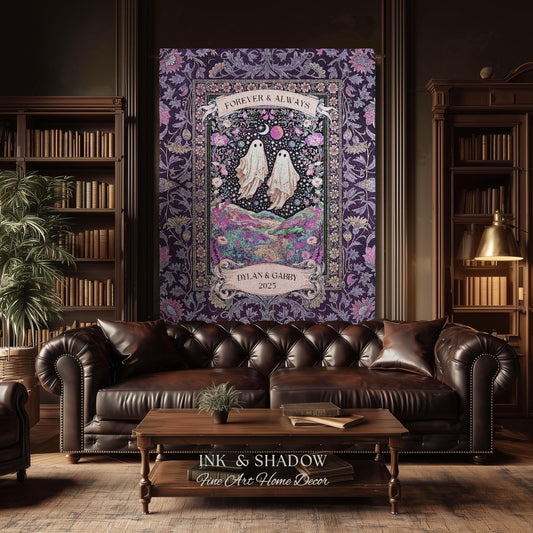Lunar Garden Ghost Couple Tapestry | Forever And Always Custom Names And Year Gothic Floral Dating Anniversary Gift Celestial Throw Blanket