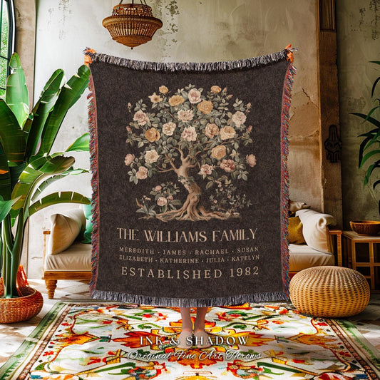 May include: Dark gray throw blanket featuring a floral tree design with the text "THE WILLIAMS FAMILY" and names. The blanket has a fringed edge and is labeled "ESTABLISHED 1982".