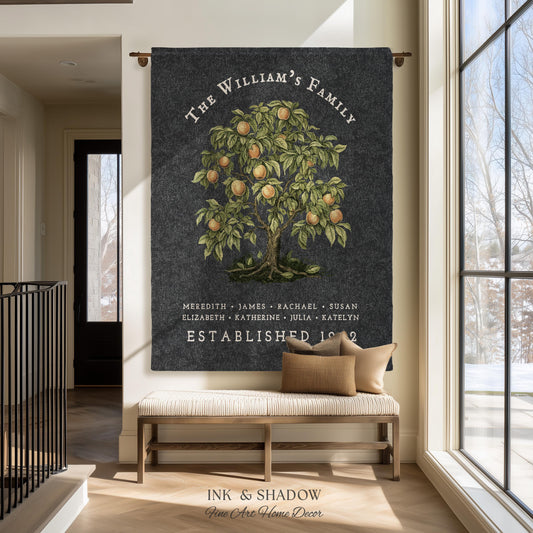 May include: A dark gray family tree wall hanging with the text "The William's Family" and names below. The tree has green leaves and orange fruit. The text "Established 19 2" is also visible. A bench with pillows sits below the wall hanging.