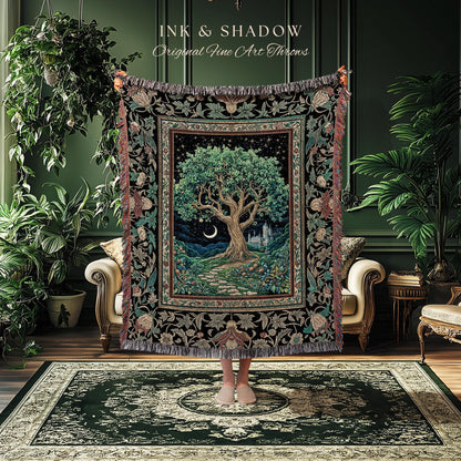 Fantasy Castle Tree of Life Throw Blanket | Celestial Moon Decor Star Garden Design Folklore Inspired Tapestry Enchanted Forest Medieval |