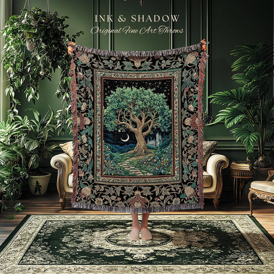 Fantasy Castle Tree of Life Throw Blanket | Celestial Moon Decor Star Garden Design Folklore Inspired Tapestry Enchanted Forest Medieval |