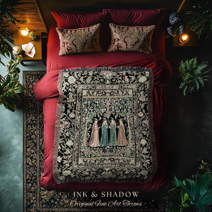 May include: A bed with red bedding, two patterned pillows, and a decorative throw blanket. The throw features a detailed illustration of figures in a forest. The text "INK & SHADOW Original Fine Art Throws" is visible at the bottom.