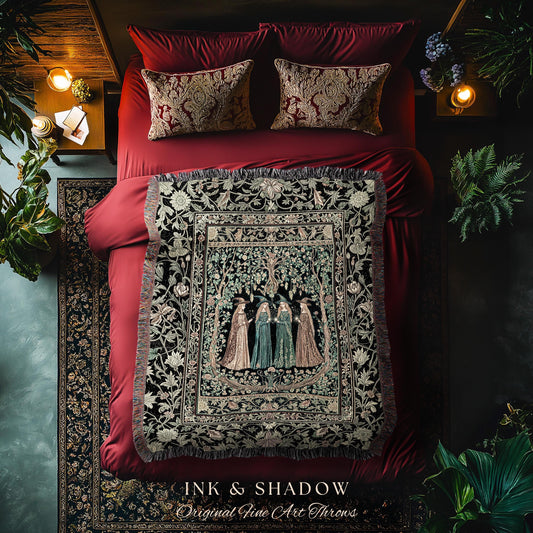 May include: A bed with red bedding, two patterned pillows, and a decorative throw blanket. The throw features a detailed illustration of figures in a forest. The text "INK & SHADOW Original Fine Art Throws" is visible at the bottom.