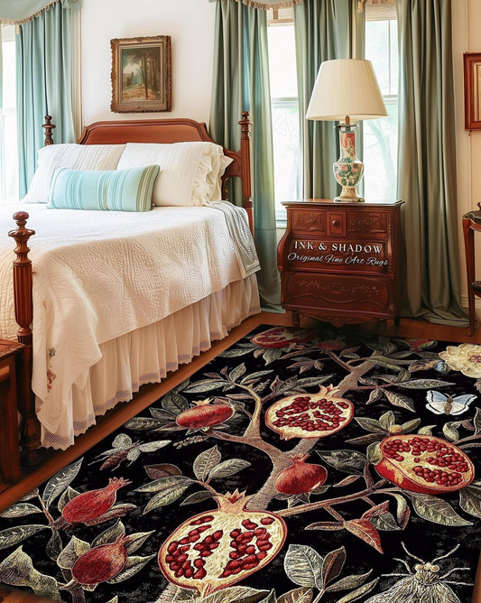 May include: Black area rug with a pomegranate tree design. The rug features red pomegranates, green leaves, and a butterfly against a black background. The rug is placed in a bedroom setting.