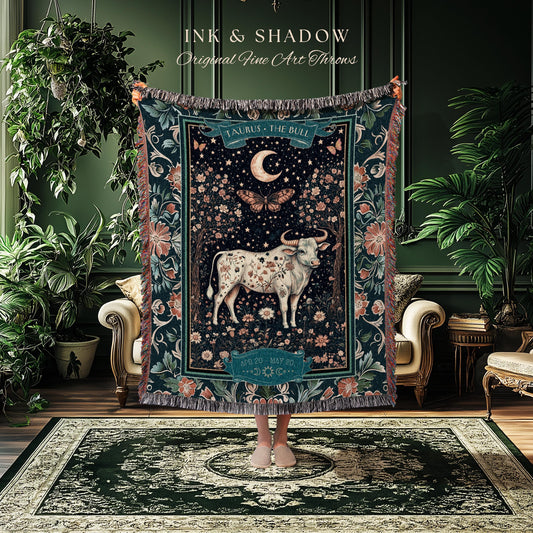 Celestial Cottagecore Taurus Astrology Blanket Floral Forestore Starry Night Tapestry | The Bull Whimsical Zodiac Sign Birthday Month Gift